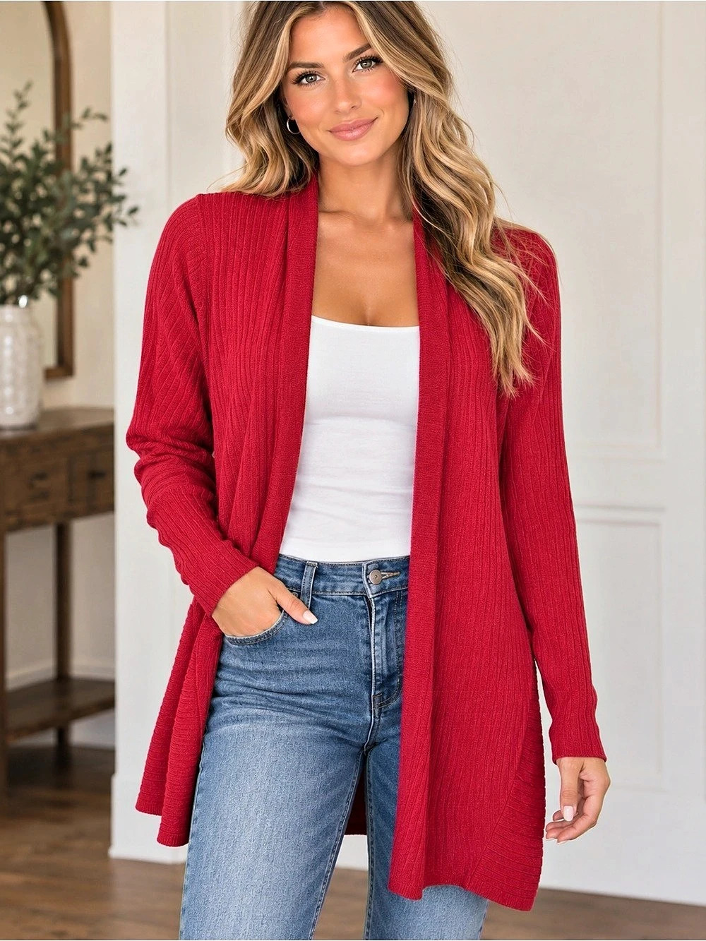 Eileen Fisher Open Front Ribbed Cardigan Red XS